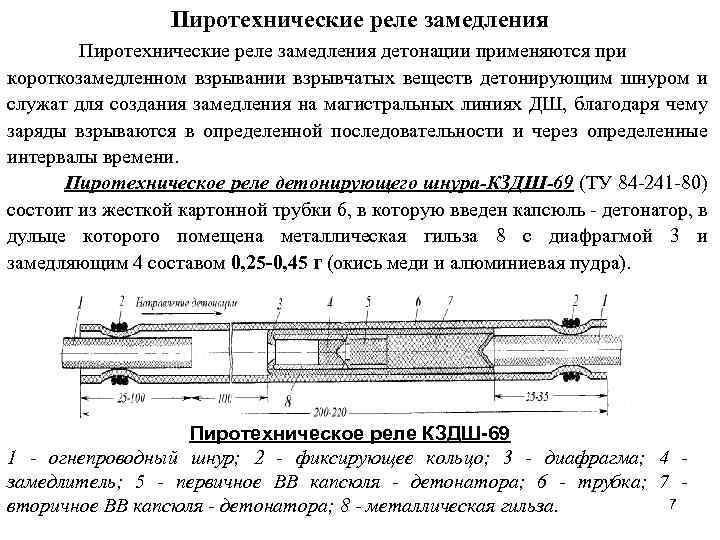 Пиротехнические реле замедления детонации применяются при короткозамедленном взрывании взрывчатых веществ детонирующим шнуром и служат