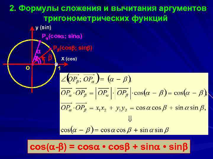 2. Формулы сложения и вычитания аргументов тригонометрических функций y (sin) P (cos ; sin