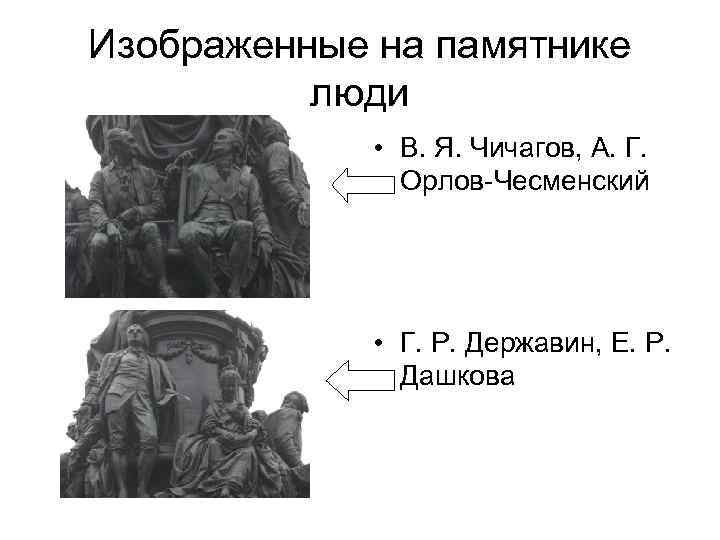 Изображенные на памятнике люди • В. Я. Чичагов, А. Г. Орлов-Чесменский • Г. Р.