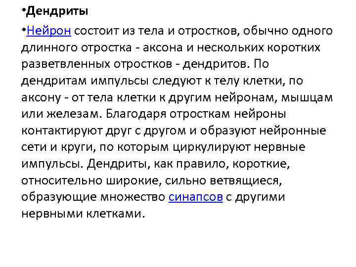  • Дендриты • Нейрон состоит из тела и отростков, обычно одного длинного отростка