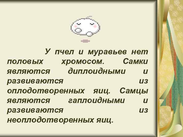 У пчел и муравьев нет половых хромосом. Самки являются диплоидными и развиваются из оплодотворенных