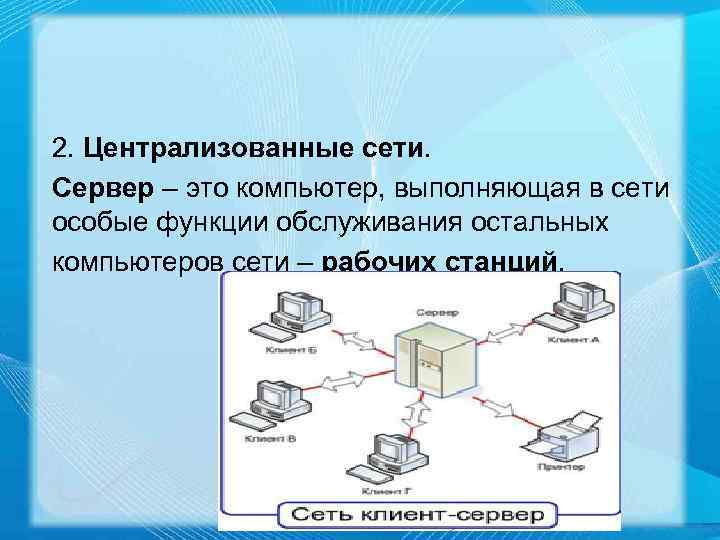 2. Централизованные сети. Сервер – это компьютер, выполняющая в сети особые функции обслуживания остальных