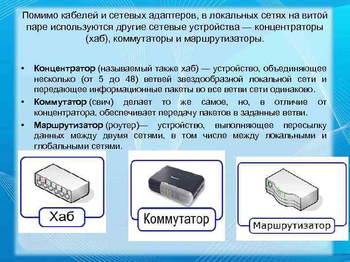 Помимо кабелей и сетевых адаптеров, в локальных сетях на витой паре используются другие сетевые