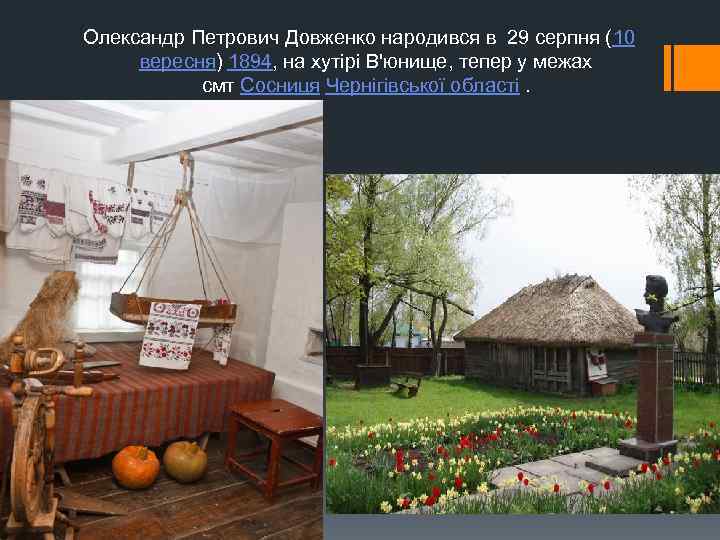 Олександр Петрович Довженко народився в 29 серпня (10 вересня) 1894, на хутірі В'юнище, тепер