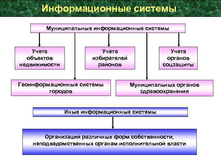 Информационные системы Муниципальные информационные системы Учета объектов недвижимости Учета избирателей районов Геоинформационные системы городов