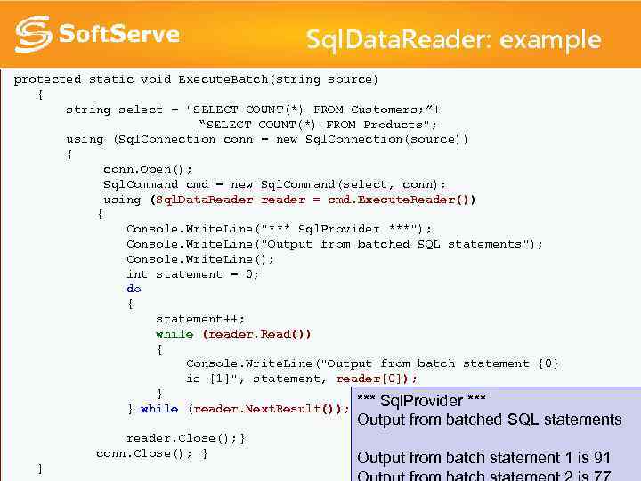 Sql. Data. Reader: example protected static void Execute. Batch(string source) { string select =