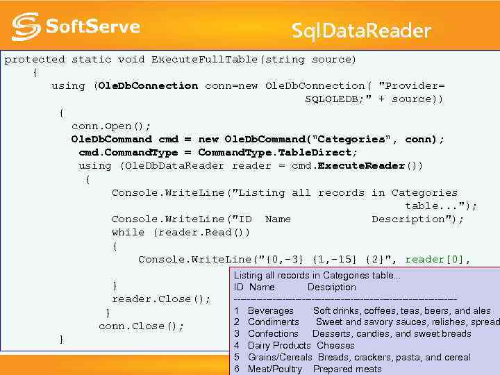 Sql. Data. Reader protected static void Execute. Full. Table(string source) { using (Ole. Db.