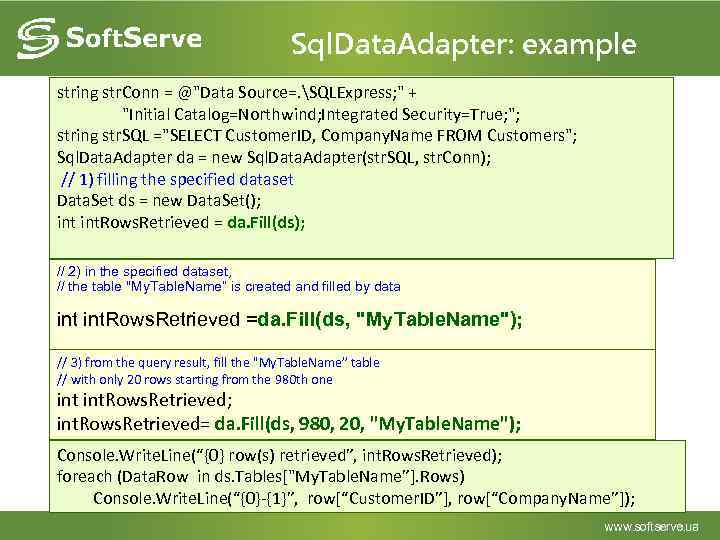 Sql. Data. Adapter: example string str. Conn = @