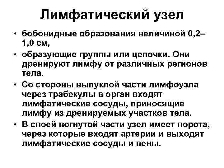 Лимфатический узел • бобовидные образования величиной 0, 2– 1, 0 см, • образующие группы