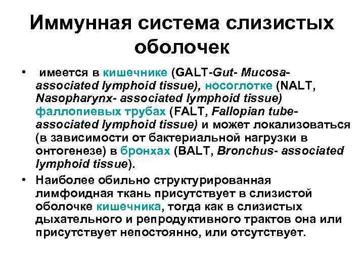 Иммунная система слизистых оболочек • имеется в кишечнике (GALT-Gut- Mucosaassociated lymphoid tissue), носоглотке (NALT,