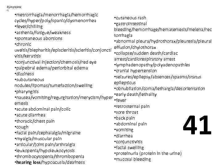 Symptoms: • ) • metrorrhagia/menorrhagia/hemorrhagic • cutaneous rash cycles/hyper/poly/spanio/dysmenorrhea • gastrointestinal • fever/chilling bleeding/hemorrhage/hematemesis/melena/rec