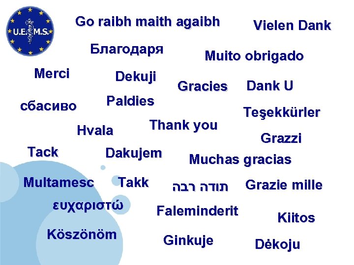 Go raibh maith agaibh Благодаря Merci Dekuji сбасиво Paldies Tack Dakujem Multamesc Takk ευχαριστώ