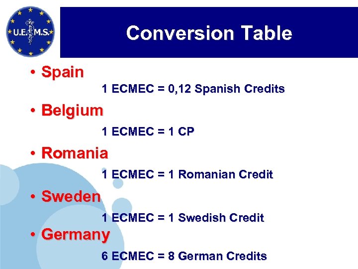 Conversion Table • Spain 1 ECMEC = 0, 12 Spanish Credits • Belgium 1