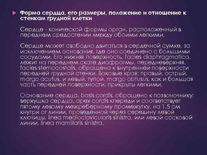  Форма сердца, его размеры, положение и отношение к стенкам грудной клетки Сердце -