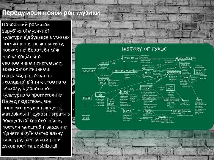 Передумови появи рок-музики Повоєнний розвиток зарубіжної музичної культури відбувався в умовах поглиблення розколу світу,