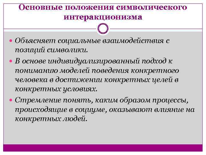 Основные положения символического интеракционизма Объясняет социальные взаимодействия с позиций символики. В основе индивидуализированный подход