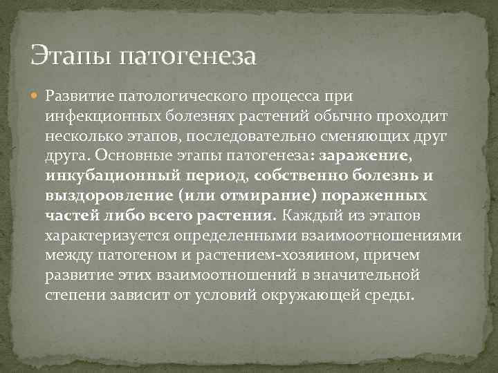 Этапы патогенеза Развитие патологического процесса при инфекционных болезнях растений обычно проходит несколько этапов, последовательно