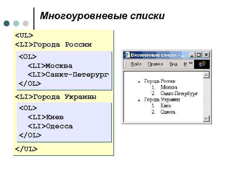 Многоуровневые списки <UL> <LI>Города России <OL> <LI>Москва <LI>Санкт-Петерург </OL> <LI>Города Украины <OL> <LI>Киев <LI>Одесса