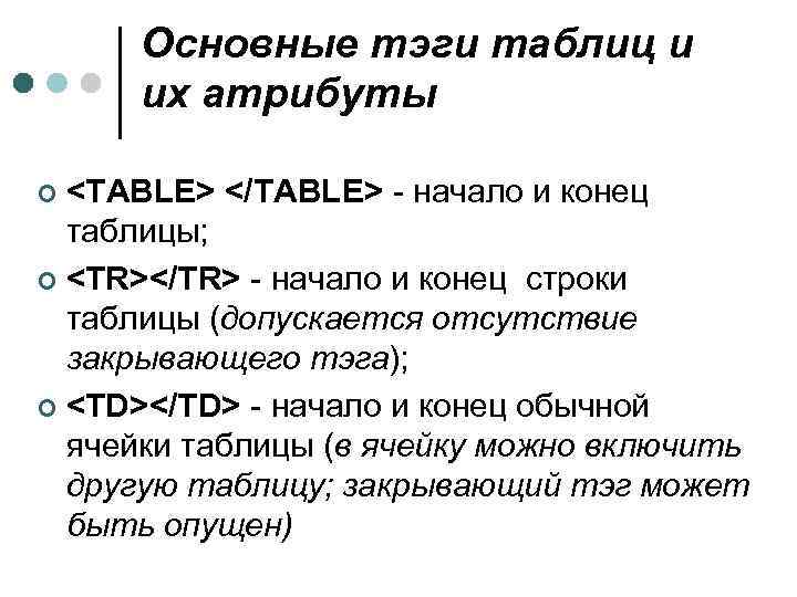 Основные тэги таблиц и их атрибуты <TABLE> </TABLE> - начало и конец таблицы; ¢