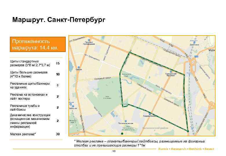 Маршрут. Санкт-Петербург Протяженность маршрута: 14, 4 км. Щиты стандартных размеров (3*6 м/ 2, 7*3,