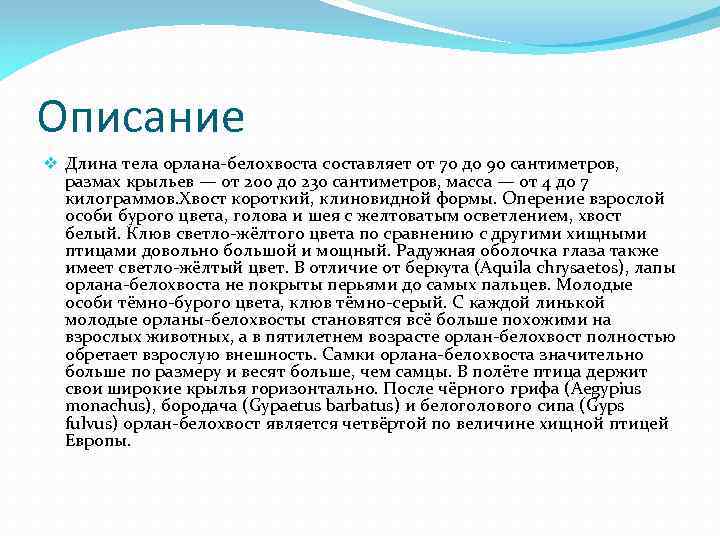 Описание v Длина тела орлана-белохвоста составляет от 70 до 90 сантиметров, размах крыльев —