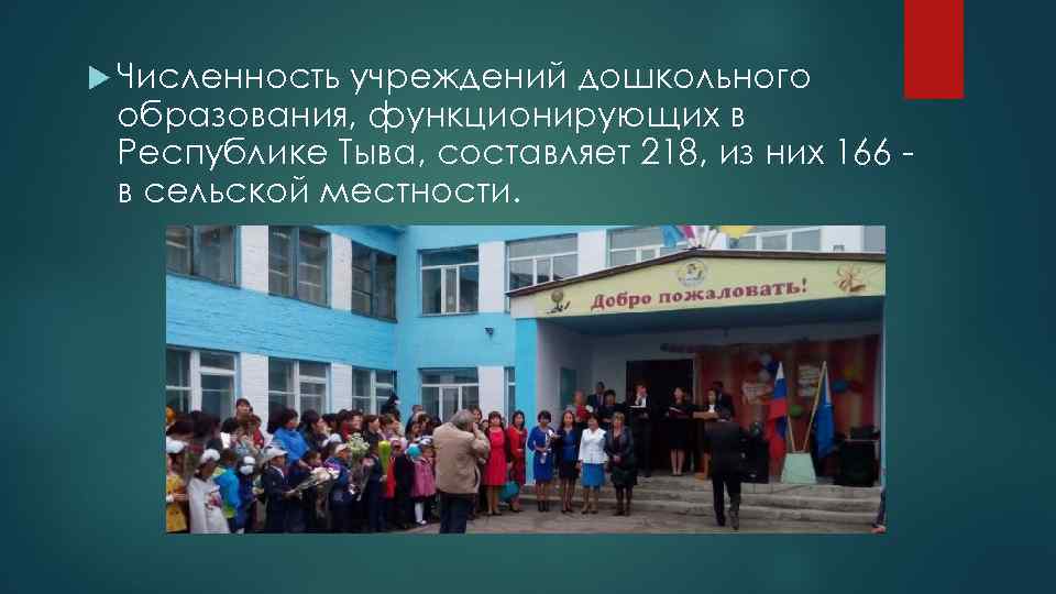  Численность учреждений дошкольного образования, функционирующих в Республике Тыва, составляет 218, из них 166