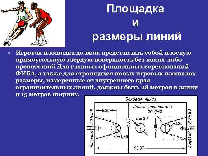 Площадка и размеры линий • Игровая площадка должна представлять собой плоскую прямоугольную твердую поверхность