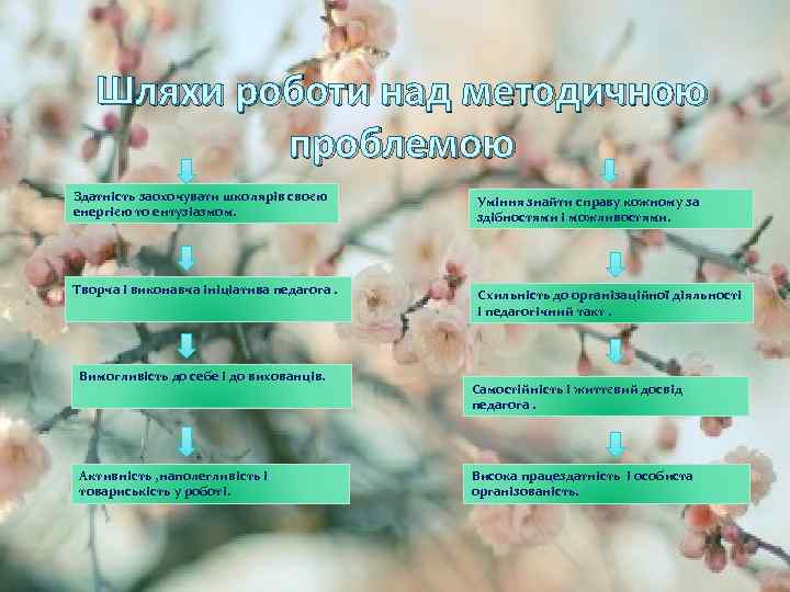 Шляхи роботи над методичною проблемою Здатність заохочувати школярів своєю енергією то ентузіазмом. Уміння знайти
