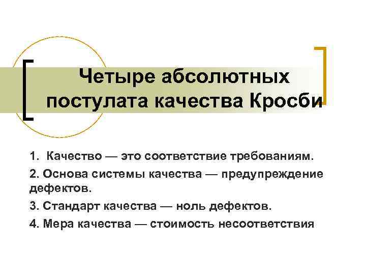 Четыре абсолютных постулата качества Кросби 1. Качество — это соответствие требованиям. 2. Основа системы