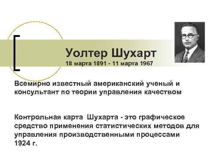 Уолтер Шухарт 18 марта 1891 - 11 марта 1967 Всемирно известный американский ученый и