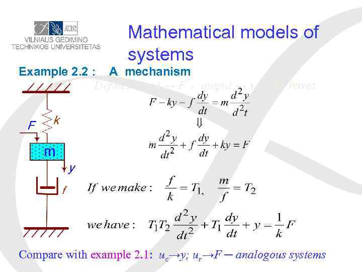 Mathematical models of systems Example 2. 2 : A mechanism Define: input → F