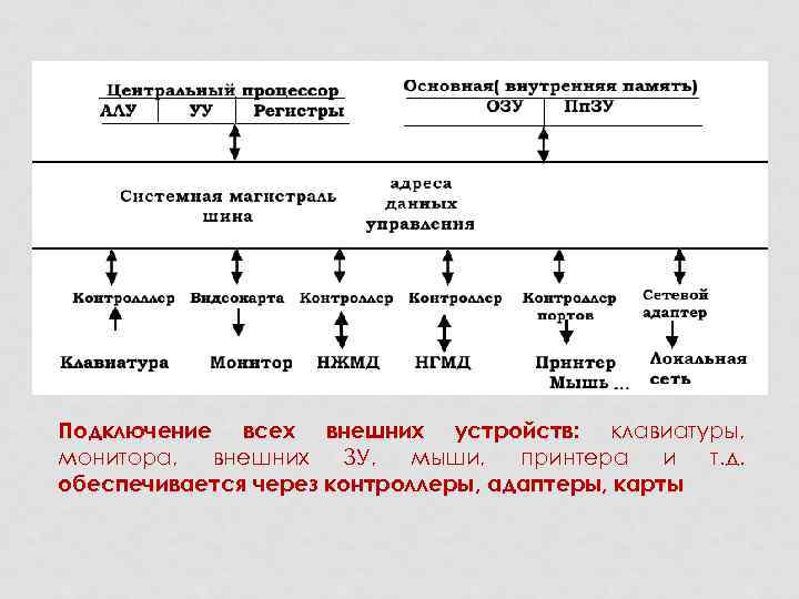 Подключение всех внешних устройств: клавиатуры, монитора, внешних ЗУ, мыши, принтера и т. д. обеспечивается