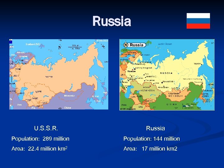 Russia U. S. S. R. Russia Population: 289 million Population: 144 million Area: 22.