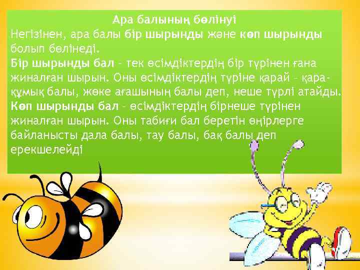 Ара балының бөлінуі Негізінен, ара балы бір шырынды және көп шырынды болып бөлінеді. Бір