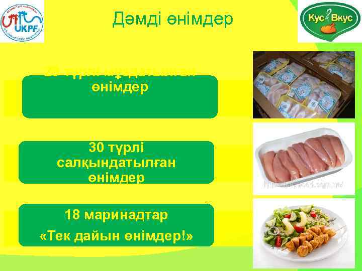 Дәмді өнімдер 29 түрлі мұздатылған өнімдер 30 түрлі салқындатылған өнімдер 18 маринадтар «Тек дайын