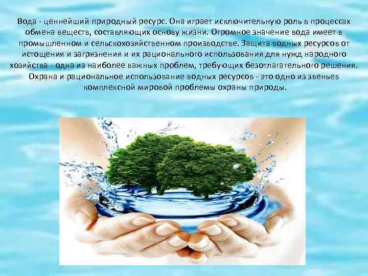 Вода - ценнейший природный ресурс. Она играет исключительную роль в процессах обмена веществ, составляющих