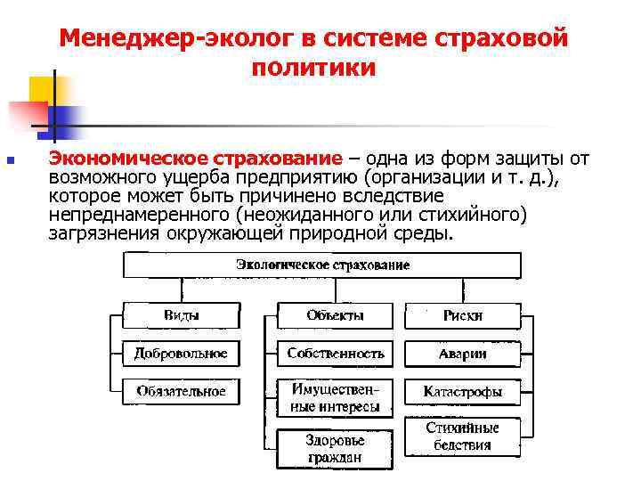 Менеджер-эколог в системе страховой политики n Экономическое страхование – одна из форм защиты от
