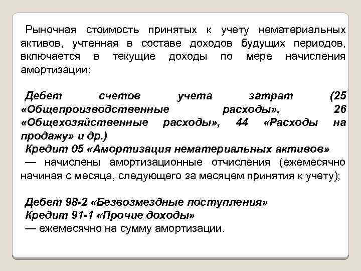 Рыночная стоимость принятых к учету нематериальных активов, учтенная в составе доходов будущих периодов, включается