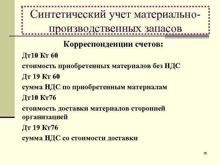 Синтетический учет материальнопроизводственных запасов Корреспонденции счетов: Дт10 Кт 60 стоимость приобретенных материалов без НДС