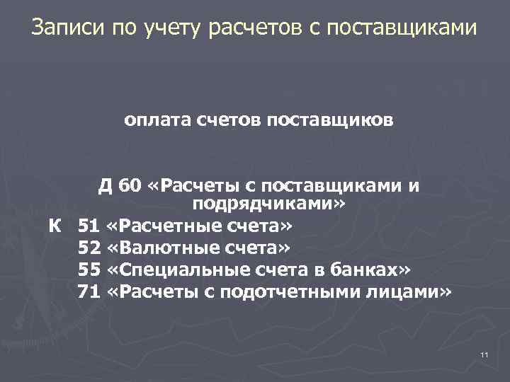Записи по учету расчетов с поставщиками оплата счетов поставщиков Д 60 «Расчеты с поставщиками
