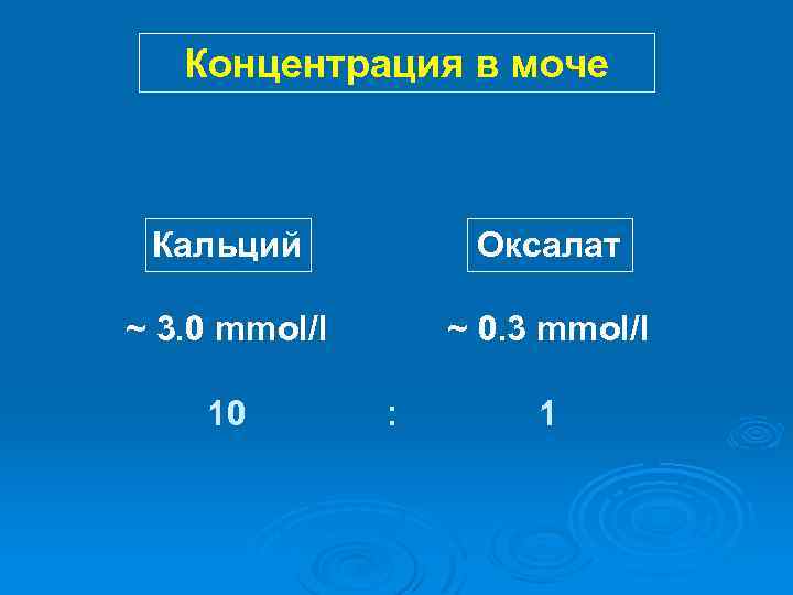 Концентрация в моче Кальций Оксалат ~ 3. 0 mmol/l ~ 0. 3 mmol/l 10