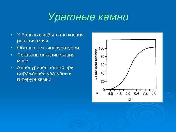 Уратные камни § § У больных избыточно кислая реакция мочи. Обычно нет гиперуратурии. Показана