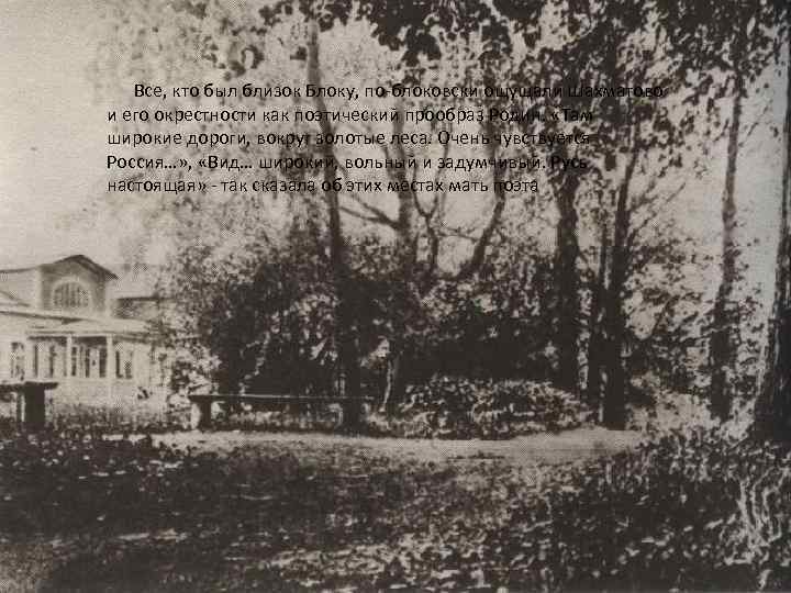  Все, кто был близок Блоку, по-блоковски ощущали Шахматово и его окрестности как поэтический