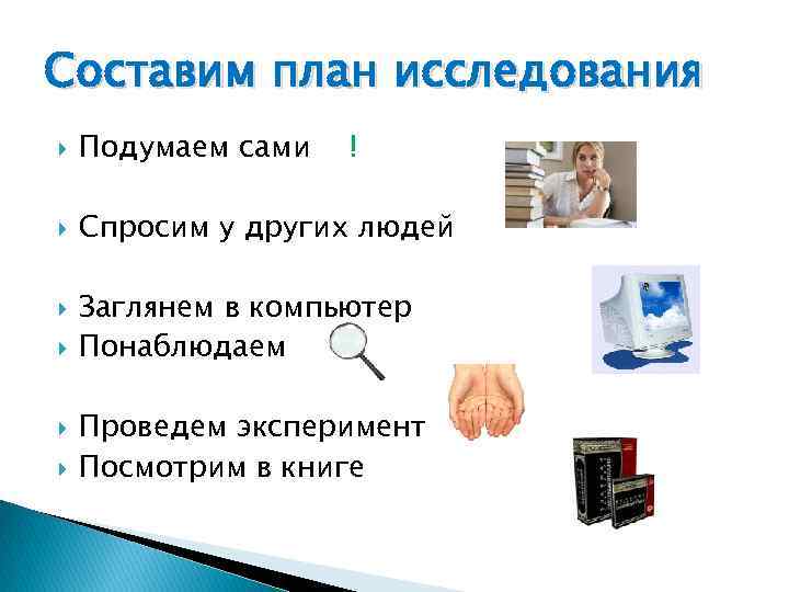 Составим план исследования Подумаем сами Спросим у других людей ! Заглянем в компьютер Понаблюдаем