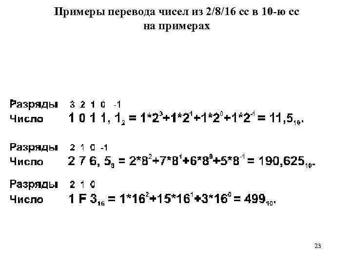 Примеpы перевода чисел из 2/8/16 сс в 10 -ю сс на примерах 23 