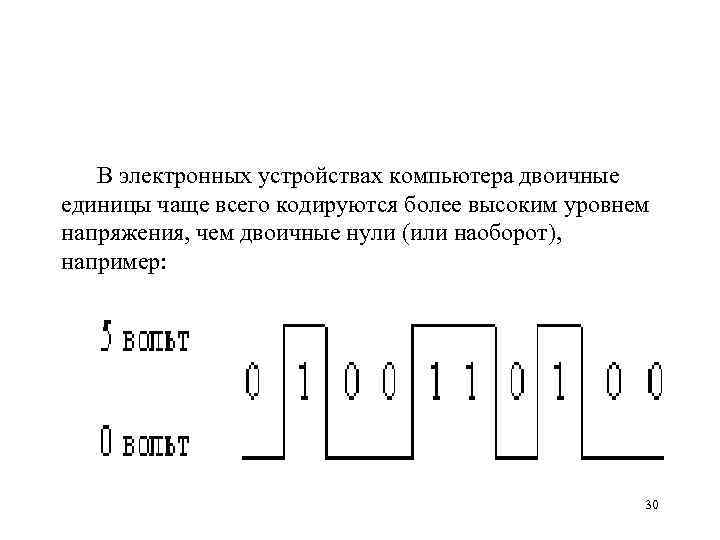 В электронных устройствах компьютера двоичные единицы чаще всего кодируются более высоким уровнем напряжения, чем