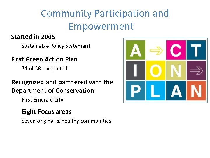 Community Participation and Empowerment Started in 2005 Sustainable Policy Statement First Green Action Plan