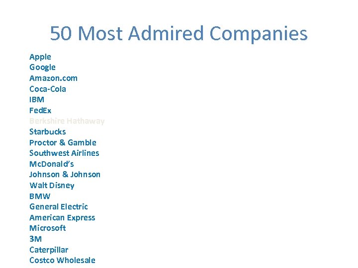 50 Most Admired Companies Apple Google Amazon. com Coca-Cola IBM Fed. Ex Berkshire Hathaway