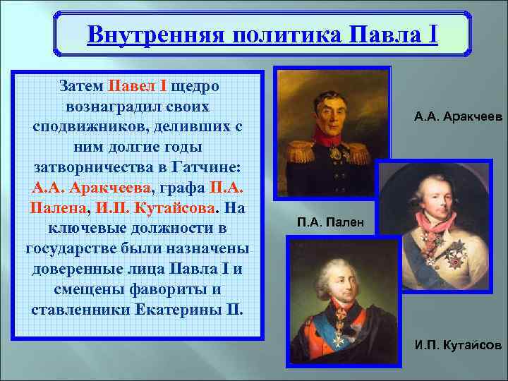 Внутренняя политика Павла I Затем Павел I щедро вознаградил своих сподвижников, деливших с ним
