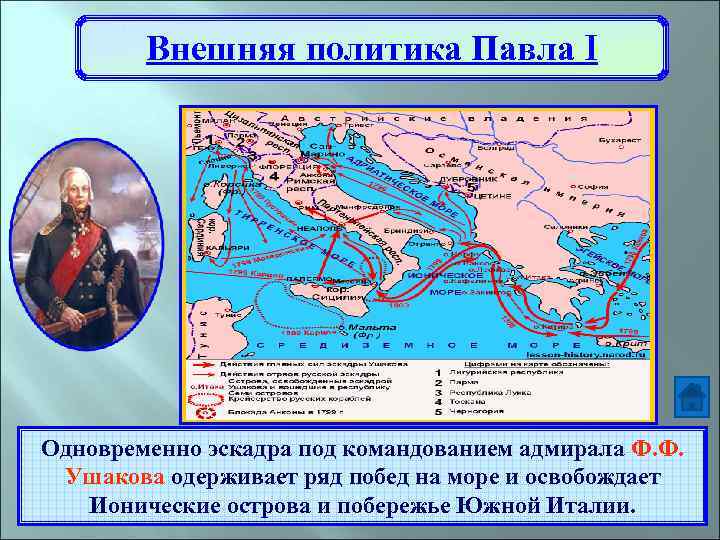 Внешняя политика Павла I Одновременно эскадра под командованием адмирала Ф. Ф. Ушакова одерживает ряд